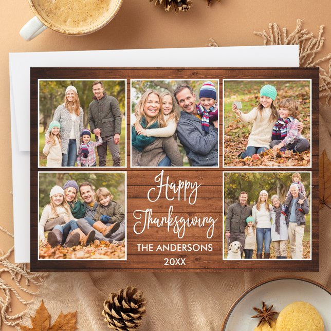 Rustic Wood Calligraphy 5 Photo Thanksgiving Julkort (Customize to add more text or photos to back of card.)