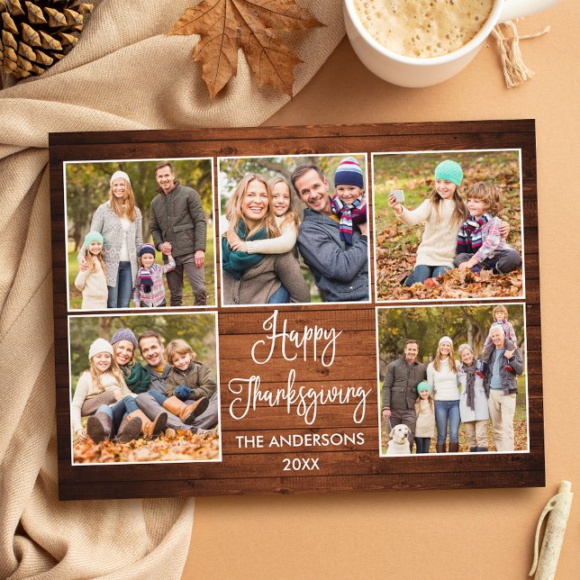 Rustic Wood Calligraphy 5 Photo Thanksgiving Vykort (Customize to change your personalized text size or text style.)