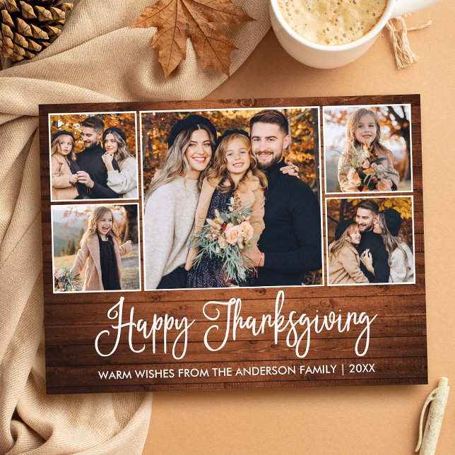 Rustic Wood Calligraphy 5 Photos Thanksgiving Vykort (Customize to change your personalized text size or text style.)