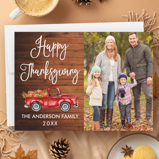 Rustic Wood Calligraphy Photo Thanksgiving Lastbil Julkort (Customize to add more text or photos to back of card.)