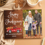 Rustic Wood Calligraphy Photo Thanksgiving Lastbil Vykort<br><div class="desc">Rustic Wood Roligt Calligraphy Script Watercolor Vintage Red Lastbil med Pumpkins and Höst löv - Happy thanksgiving Family Photo Postcard</div>