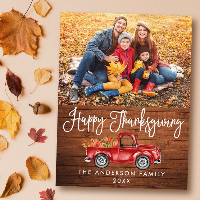 Rustic Wood Calligraphy Thanksgiving Lastbil Photo Vykort (Customize to change your personalized text size or text style.)