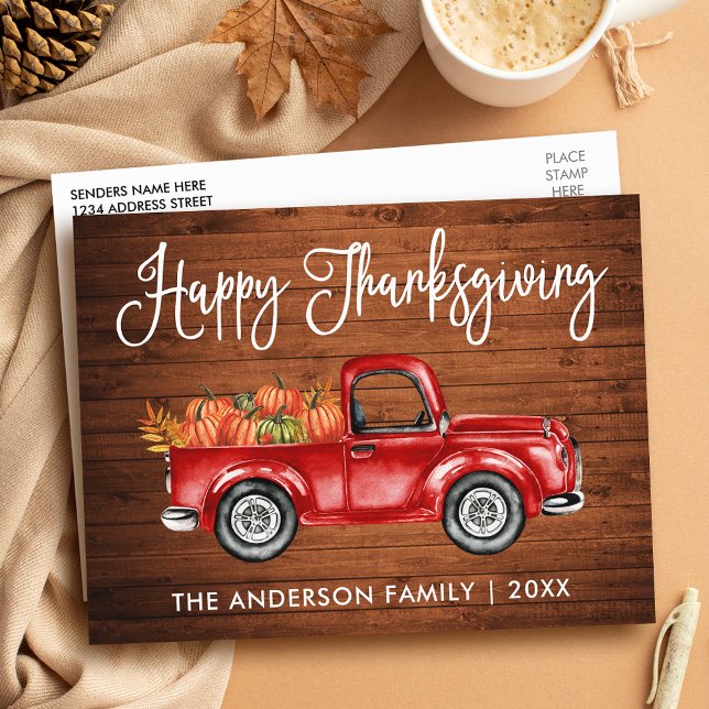 Rustic Wood Calligraphy Vintage Lastbil Thanksgivi Vykort (Customize to change your personalized text size or text style.)