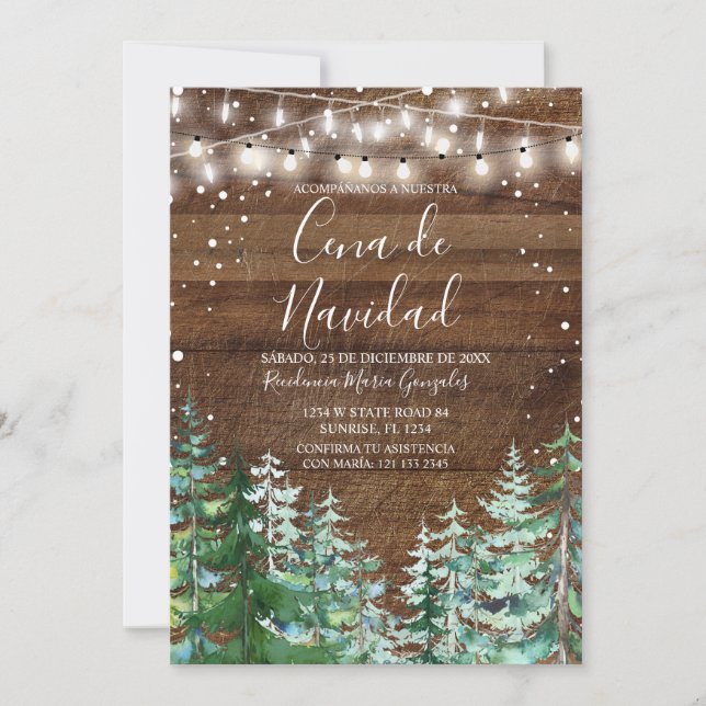 Rustic Wood Cena De Navidad Pine Trees Christmas Inbjudningar (Framsida)