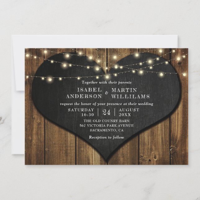 Rustic Wood Chalkboard Heart String Ljus Bröllop Inbjudningar (Framsida)