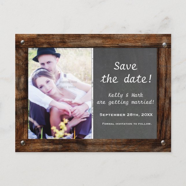 Rustic Wood CHALKBOARD PHOTO Spara Date Postcard Meddelande Vykort (Framsida)