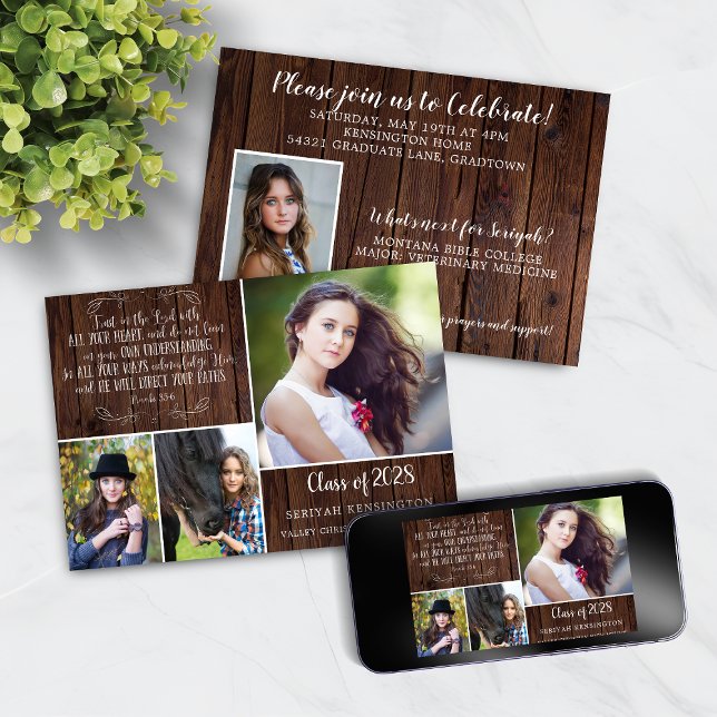 Rustic Wood Christian Studenten Proverbs 3 Inbjudningar (Rustic Wood Christian Graduation Invitation featuring Proverbs 3)