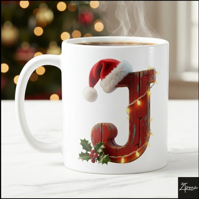 Rustic Wood Christmas Letter J String Lights Kaffemugg (Skapare uppladdad)