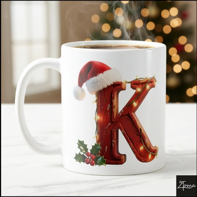 Rustic Wood Christmas Letter K String Lights Kaffemugg (Skapare uppladdad)
