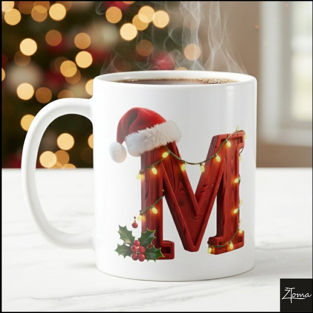 Rustic Wood Christmas Letter M String Lights Kaffemugg (Skapare uppladdad)