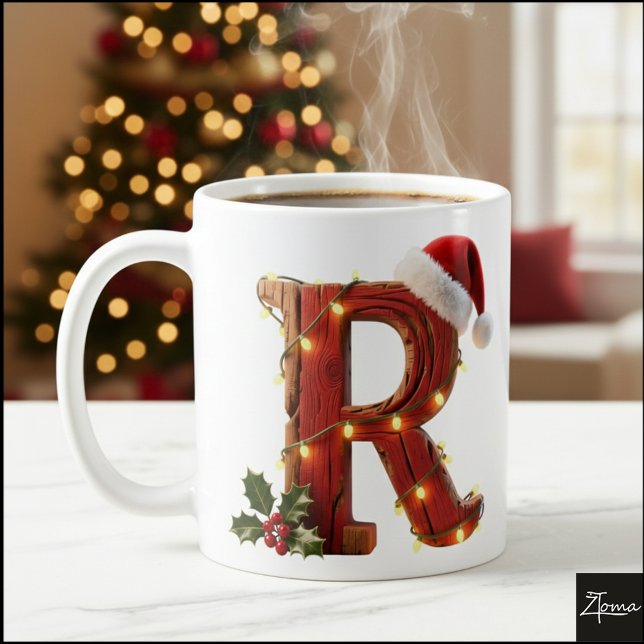 Rustic Wood Christmas Letter R String Lights Kaffemugg (Skapare uppladdad)