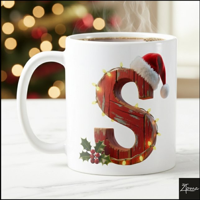 Rustic Wood Christmas Letter S String Lights Kaffemugg (Skapare uppladdad)