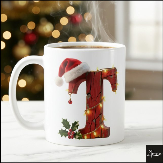 Rustic Wood Christmas Letter T String Lights Kaffemugg (Skapare uppladdad)