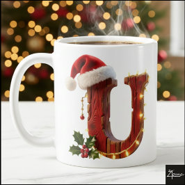 Rustic Wood Christmas Letter U String Lights Kaffemugg