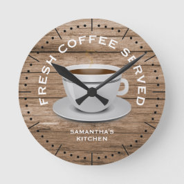 Rustic Wood Coffee Theme Farmhouse Kitchen Rund Klocka