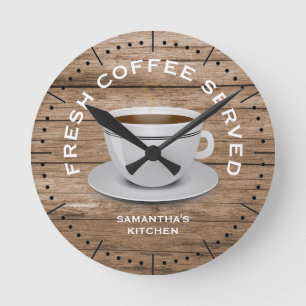 Rustic Wood Coffee Theme Farmhouse Kitchen Rund Klocka