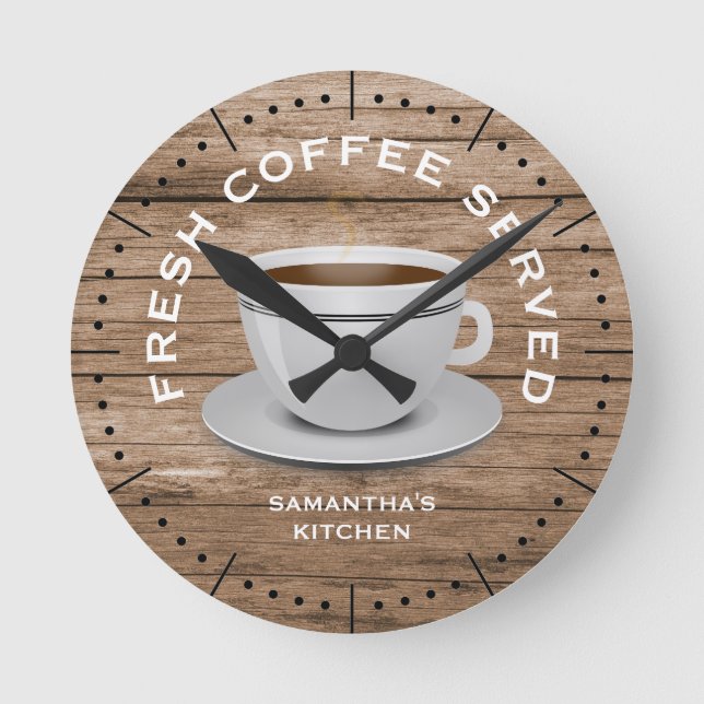 Rustic Wood Coffee Theme Farmhouse Kitchen Rund Klocka (Framsida)