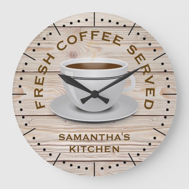Rustic Wood Coffee Theme Farmhouse Namn Kitchen Stor Klocka (Framsida)