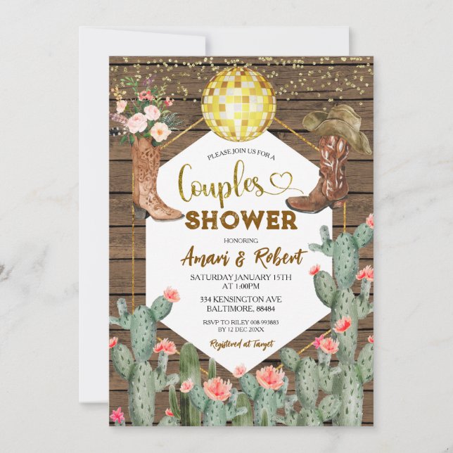 Rustic Wood Country Boots Cactus Couples Shower Inbjudningar (Framsida)