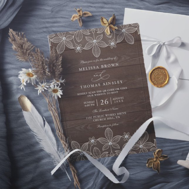 Rustic Wood Country Lace Elegant QR Code Wedding Inbjudningar (Skapare uppladdad)
