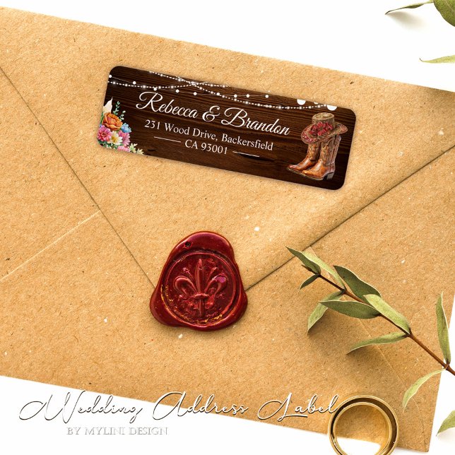 Rustic Wood CowboyBoots Westerna Bröllop Adress Returadress Etikett (Skapare uppladdad)