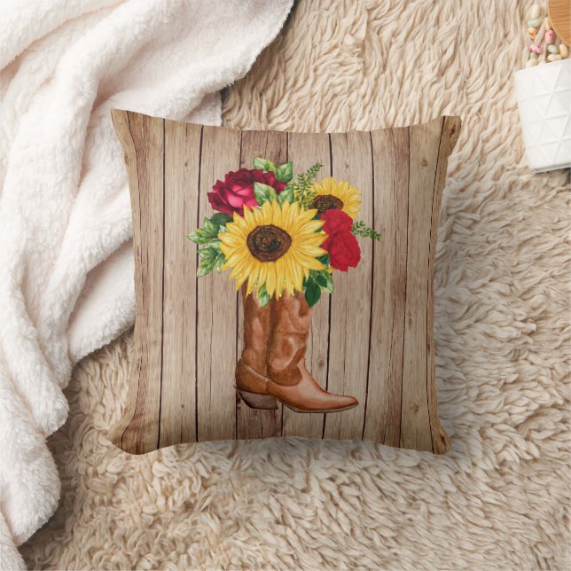 Rustic Wood Cowgirl Boots Sunblommor Röd ros Kudde (Filt)