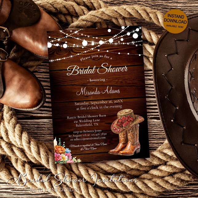 Rustic Wood Cowgirl Boots Westerna Möhippa Inbjudningar (Skapare uppladdad)