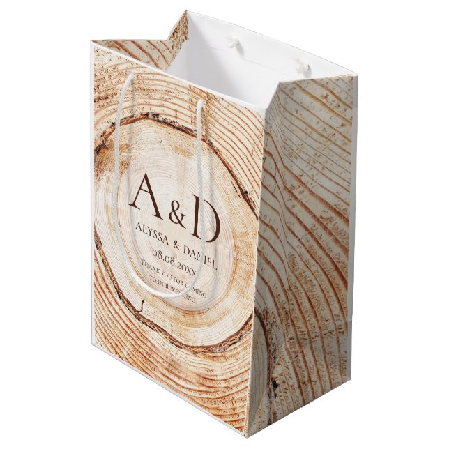 Rustic Wood cut Slice Monogram Wedding Gift Bag (Baksidan Vinklad)