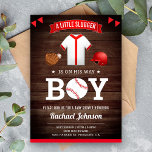 Rustic Wood Cute Sports Boy Baseball Baby Shower Inbjudningar<br><div class="desc">Akta dina gäster med den här coolan basebolltemat babyduschen inbjudan med en söt liten basebolljersey och matcha inslag med modern typografi mot en rustik lada-bakgrund. Lägg bara till din händelseinformation i den här mallen som är enkel att använda för att göra den till en inbjudan av typen en. Vänd kortet...</div>