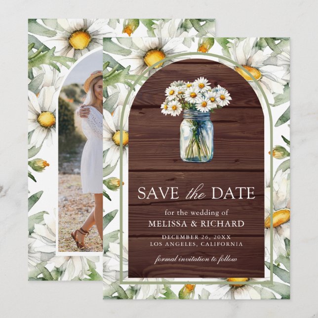 Rustic Wood Daisies Floral Mason Jar Photo Wedding Spara Datumet (Fram/baksida)