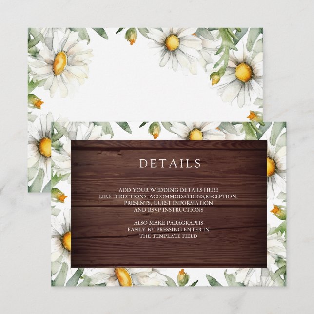 Rustic Wood Daisies Floral Wedding Details Tilläggskort (Fram/baksida)