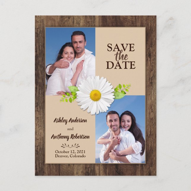 Rustic Wood Daisy Photo Save Date Postcard Vykort (Framsida)