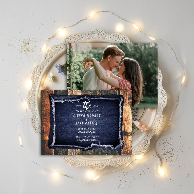 Rustic Wood Denim Avslappnad Photo Bröllop Spara D Inbjudningar (rustic wedding save the date barn wood denim ranch country western hand written blue white brown)