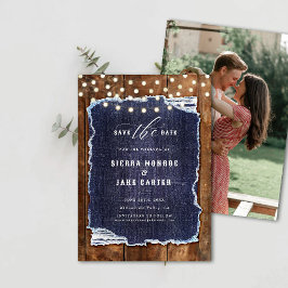 Rustic Wood Denim Photo Cowboy Bröllop Spara Date Inbjudningar