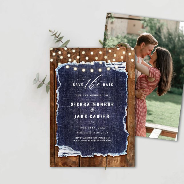 Rustic Wood Denim Photo Cowboy Bröllop Spara Date Inbjudningar (rustic wedding save the date cowboy barn wood denim string lights ranch country western backyard)