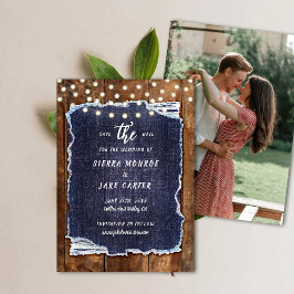 Rustic Wood Denim Writing Photo Bröllop Spara Date Inbjudningar