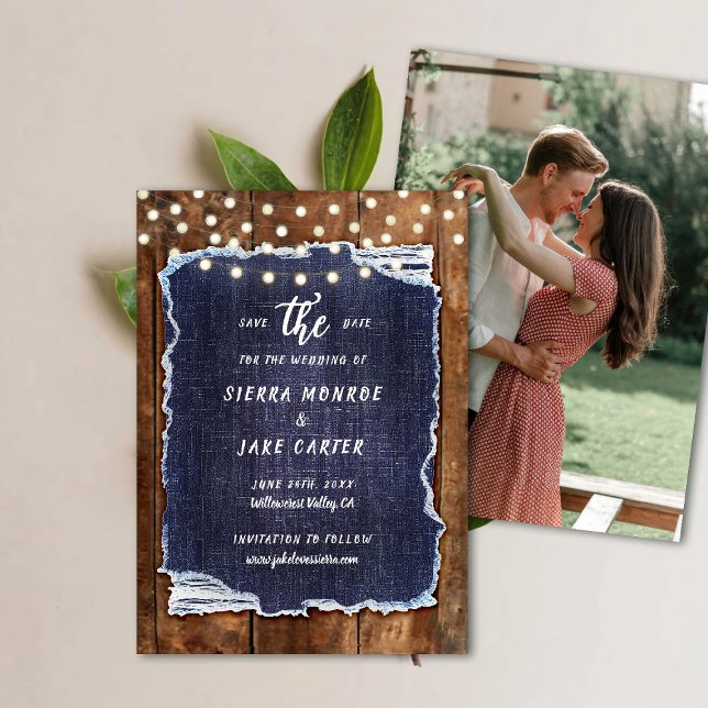Rustic Wood Denim Writing Photo Bröllop Spara Date Inbjudningar (rustic wedding save the date cowboy barn wood denim string lights ranch country western hand written)