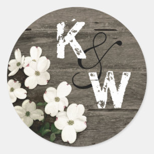 Rustic Wood & Dogwood Blooms Monogram Sticker Runt Klistermärke