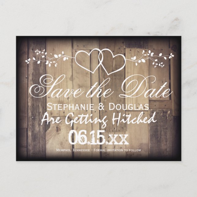 Rustic Wood Dubbla Hearearearts Save the Date Post Meddelande Vykort (Framsida)