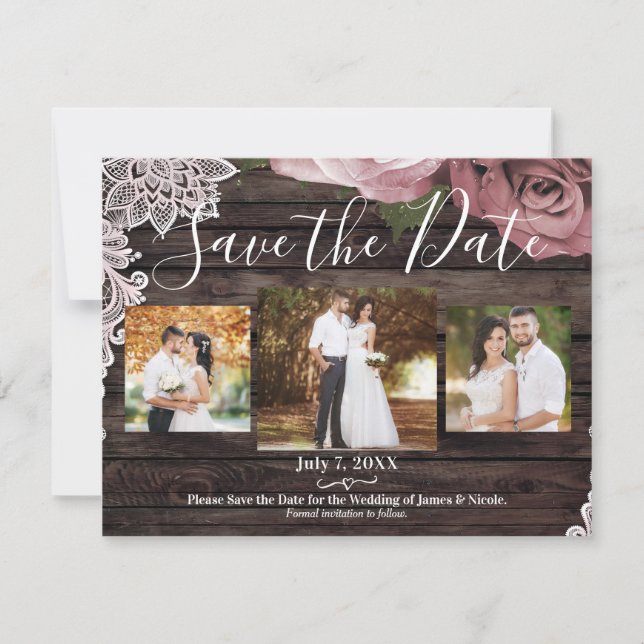 Rustic Wood Dusty Rosa ros Photo Save Date (Framsida)