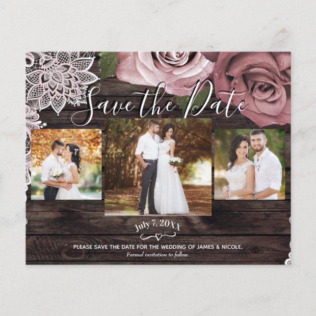 Rustic Wood Dusty Rosa ros Photo Save Date (Framsida)