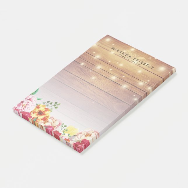 Rustic Wood Elegant Blommigt Chic String Ljus Post-it Block (Vinklad)