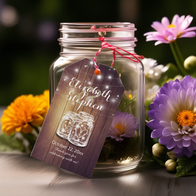 Rustic Wood Elegant Mason Burk String Light Bröllo Presentetikett (Skapare uppladdad)