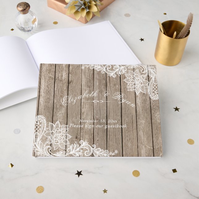 Rustic Wood, Elegant Snöre, Anpassningsbar Gästböcker (Framsida Öppen)