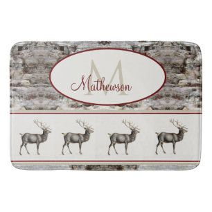 Rustic Wood Elk/ Reindeer Family Monogram tan gråt Badrumsmatta