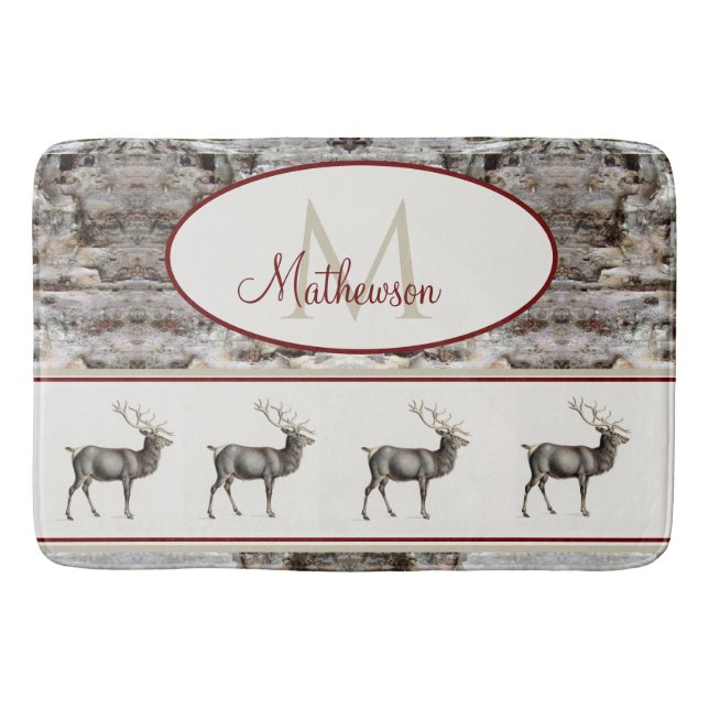 Rustic Wood Elk/ Reindeer Family Monogram tan gråt Badrumsmatta (Framsidan)