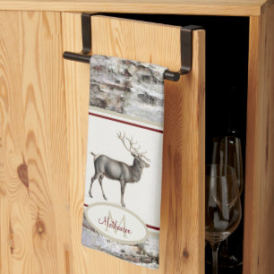 Rustic Wood Elk/ Reindeer Family Monogram tan gråt Kökshandduk