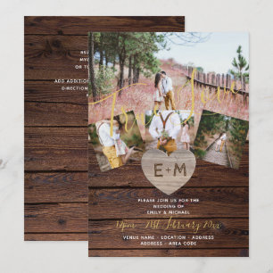 Rustic Wood Engraved Heart PHOTO COLLAGE BRÖLLOP Inbjudningar