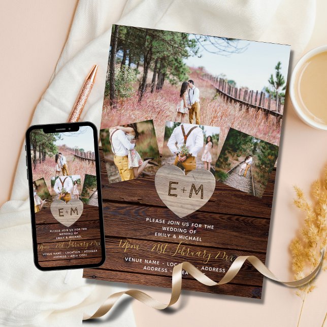 Rustic Wood Engraved Heart PHOTO COLLAGE Bröllop Inbjudningar (Skapare uppladdad)