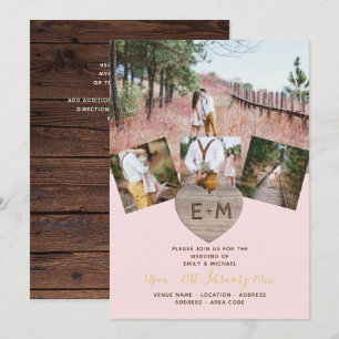 Rustic Wood Engraved Heart PHOTO COLLAGE Inbjudningar